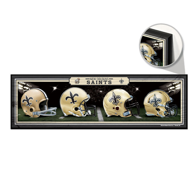 Letrero de madera de los New Orleans Saints de 9 x 30 con diseño de cascos