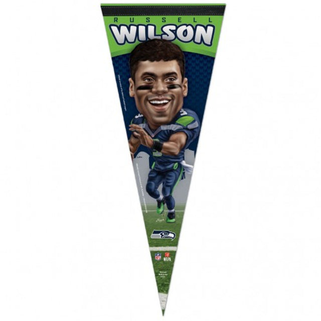 Banderín de los Seattle Seahawks de 12 x 30 pulgadas, estilo premium, diseño de caricatura de Russell Wilson