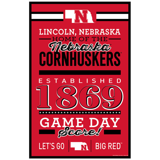 Letrero de madera de 11 x 17 de los Nebraska Cornhuskers con diseño establecido