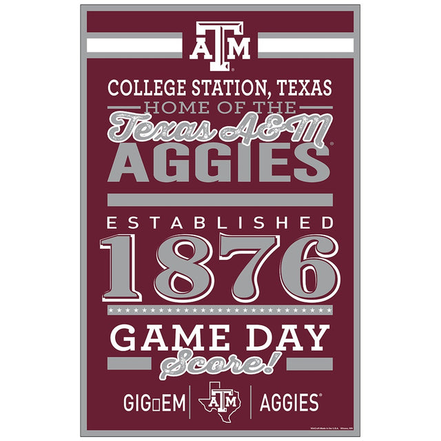 Letrero de madera de 11 x 17 de los Texas A&amp;M Aggies con diseño establecido