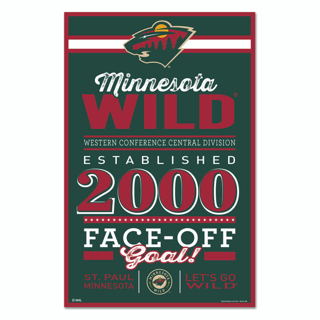 Letrero de madera de Minnesota Wild de 11 x 17 pulgadas con diseño establecido