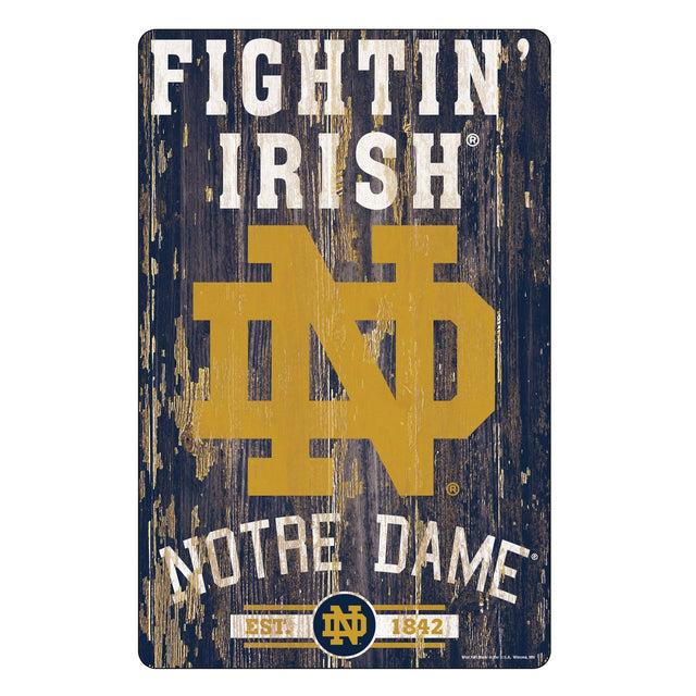 Letrero de madera de Notre Dame Fighting Irish de 11 x 17 con diseño de eslogan