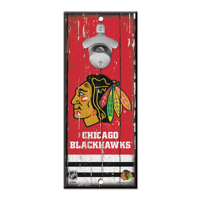 Abridor de botellas de madera de 5 x 11 pulgadas con letrero de los Chicago Blackhawks