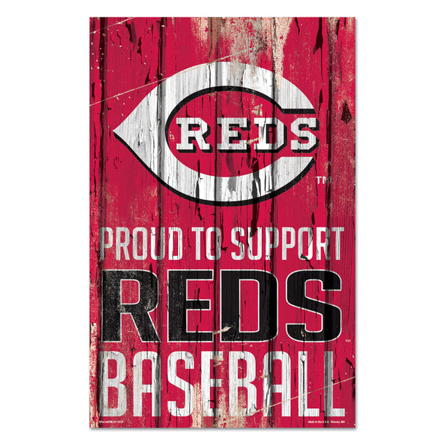 Cartel de madera de 11 x 17 de los Cincinnati Reds. Orgullosos de apoyar el diseño