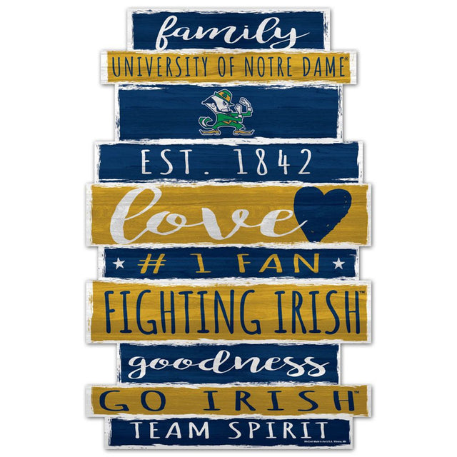 Letrero de madera de Notre Dame Fighting Irish de 11 x 17 con diseño de palabras familiares