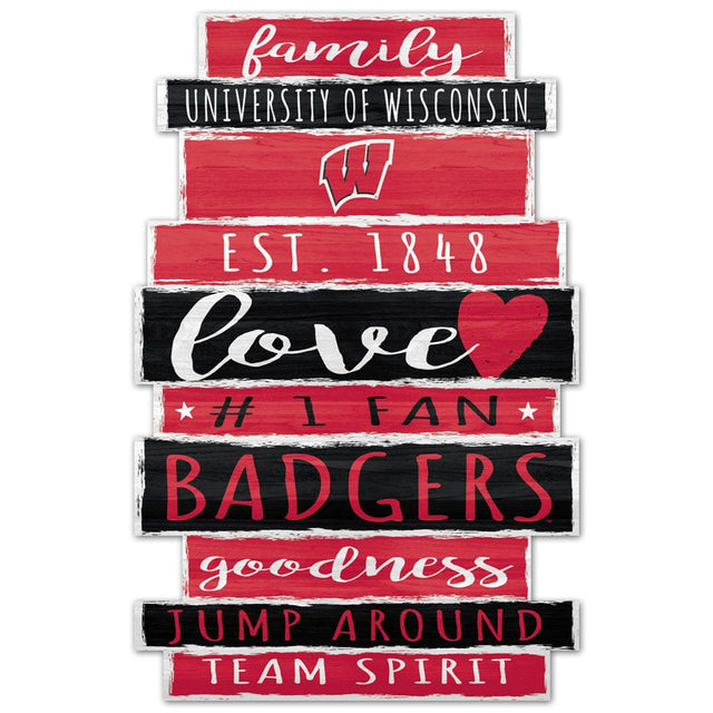 Letrero de madera de Wisconsin Badgers de 11 x 17 con diseño de palabras familiares