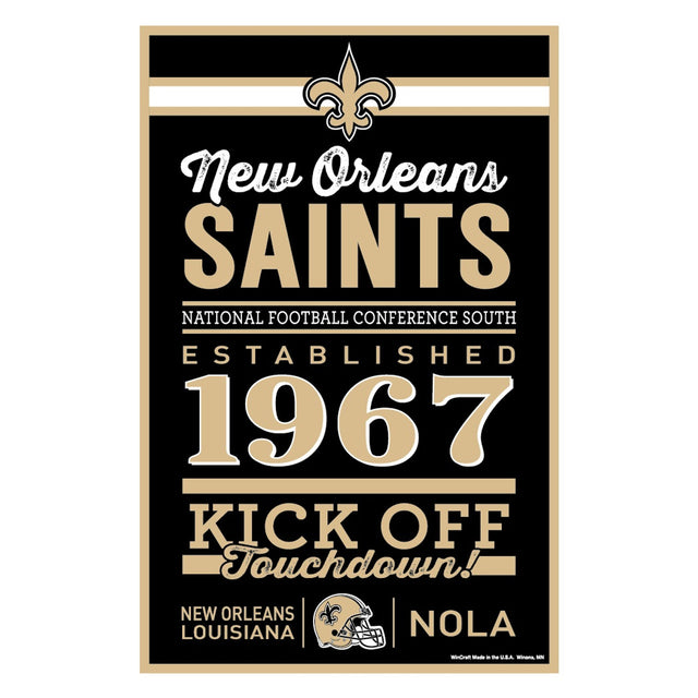 Letrero de madera de los New Orleans Saints de 11 x 17 pulgadas con diseño establecido