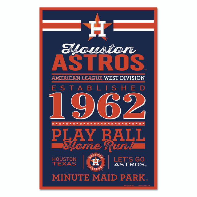 Letrero de madera de los Houston Astros de 11 x 17 pulgadas con diseño establecido