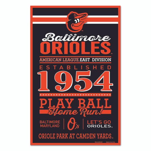 Letrero de madera de los Baltimore Orioles de 11 x 17 pulgadas con diseño establecido