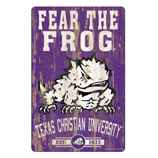 Letrero de madera de 11 x 17 con diseño de eslogan de TCU Horned Frogs