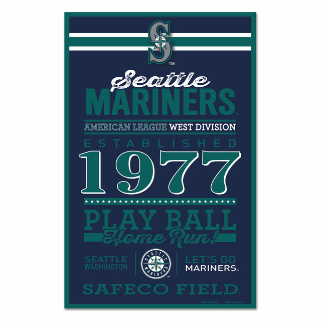 Letrero de madera de los Seattle Mariners de 11 x 17 pulgadas con diseño establecido