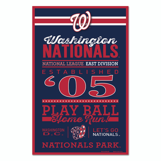 Letrero de madera de 11 x 17 de los Washington Nationals con diseño establecido