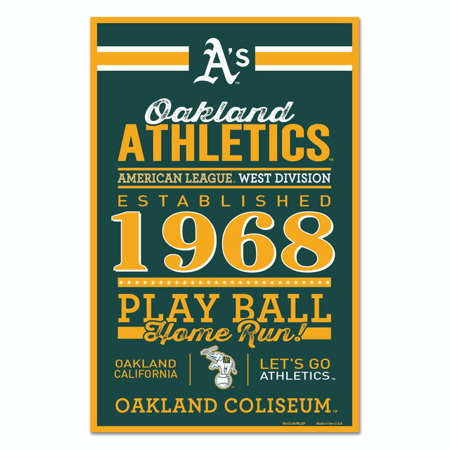 Letrero de madera de 11 x 17 de Oakland Athletics con diseño establecido