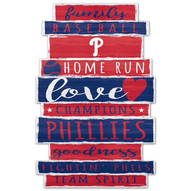 Letrero de madera de los Philadelphia Phillies de 11 x 17 con diseño de palabras familiares