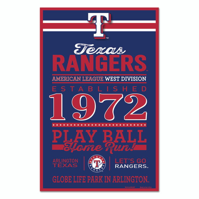 Letrero de madera de 11 x 17 de los Texas Rangers con diseño establecido