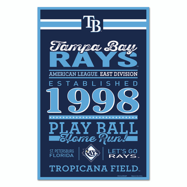 Letrero de madera de los Tampa Bay Rays de 11 x 17 pulgadas con diseño establecido