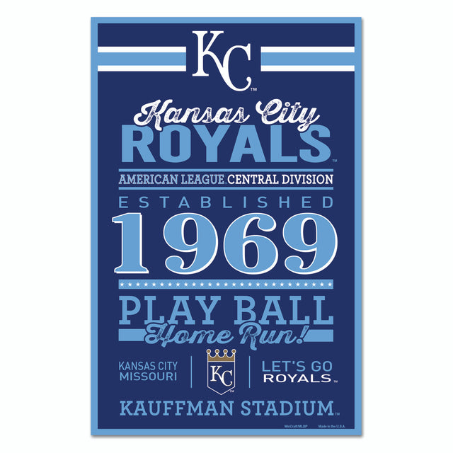 Letrero de madera de 11 x 17 de los Kansas City Royals con diseño establecido