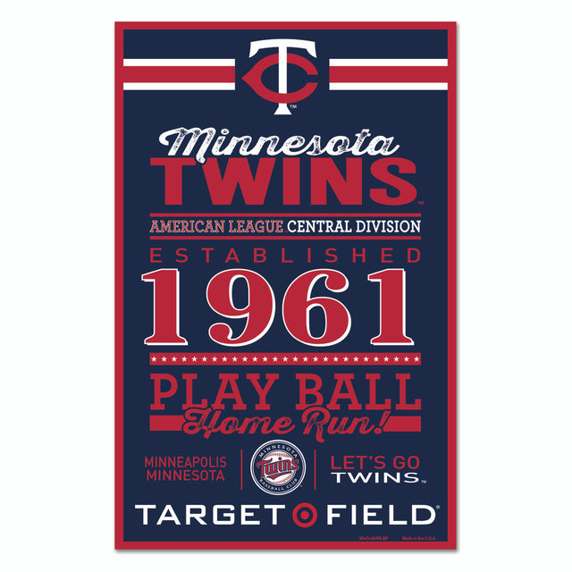 Letrero de madera de 11 x 17 de los Minnesota Twins con diseño establecido