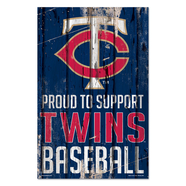 Cartel de madera de 11 x 17 de los Minnesota Twins. Orgullosos de apoyar el diseño