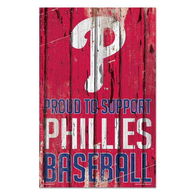 Letrero de madera de 11 x 17 de los Philadelphia Phillies. Orgulloso de apoyar el diseño