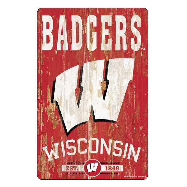 Letrero de madera de Wisconsin Badgers de 11 x 17 con diseño de eslogan