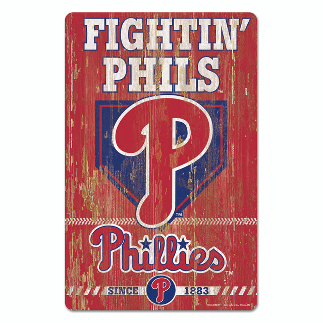 Letrero de madera de 11 x 17 de los Philadelphia Phillies con diseño de eslogan