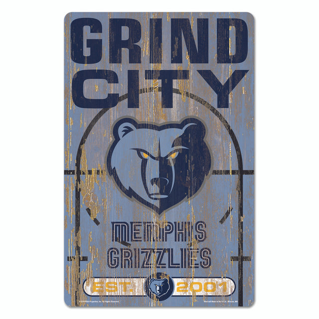 Letrero de madera de 11 x 17 de los Memphis Grizzlies con diseño de eslogan