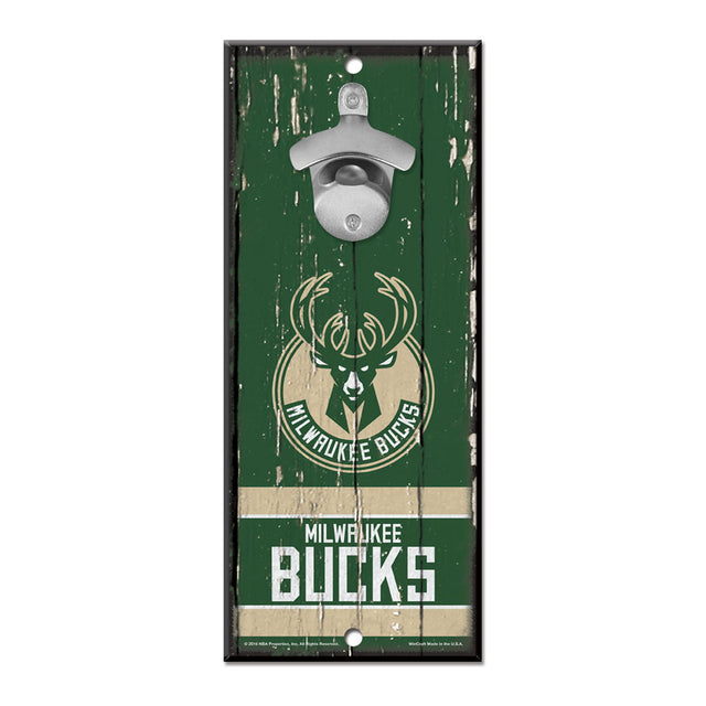 Abridor de botellas de madera con letrero de los Milwaukee Bucks de 5 x 11 pulgadas