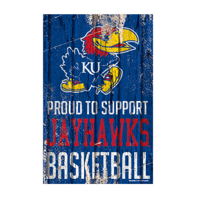 Letrero de madera de 11 x 17 de los Kansas Jayhawks. Orgulloso de apoyar el diseño