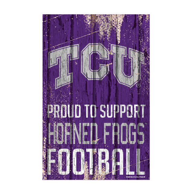 Cartel de madera de 11 x 17 de TCU Horned Frogs. Orgullosos de apoyar el diseño