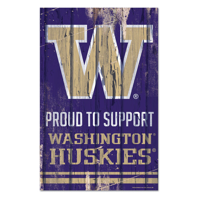 Letrero de madera de Washington Huskies de 11 x 17 pulgadas Orgulloso de apoyar el diseño