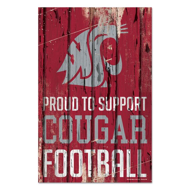 Letrero de madera de 11 x 17 de los Washington State Cougars. Orgullosos de apoyar el diseño