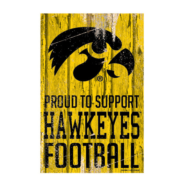 Letrero de madera de 11 x 17 de Iowa Hawkeyes. Orgulloso de apoyar el diseño