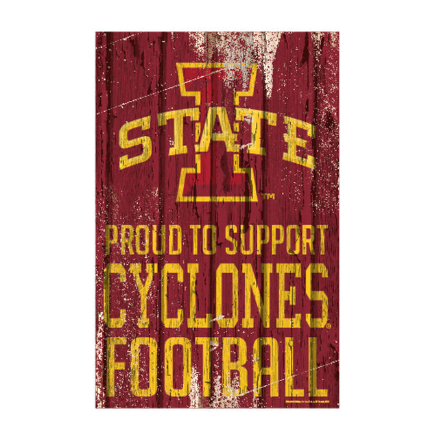 Letrero de madera de 11 x 17 de los Iowa State Cyclones. Orgulloso de apoyar el diseño