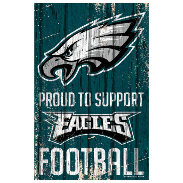 Letrero de madera de los Philadelphia Eagles de 11 x 17 pulgadas Orgulloso de apoyar el diseño