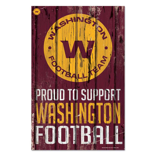 Letrero de madera de 11 x 17 del equipo de fútbol de Washington con el mensaje "Orgulloso de apoyar el diseño"