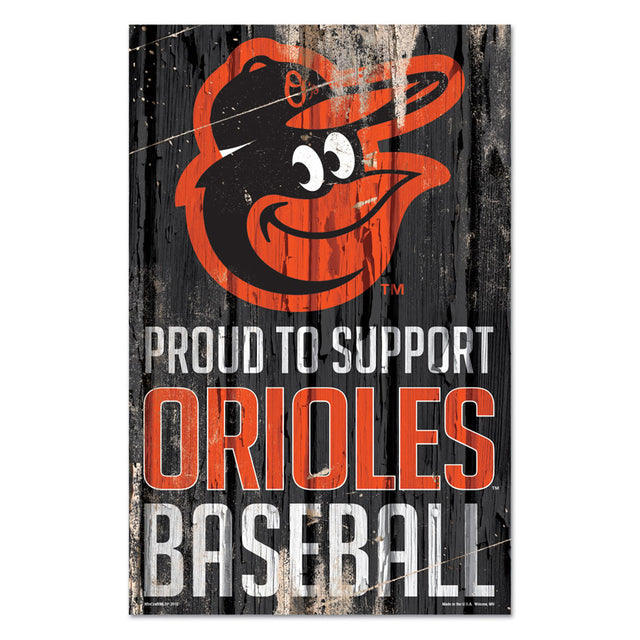 Letrero de madera de 11 x 17 de los Baltimore Orioles. Orgullosos de apoyar el diseño