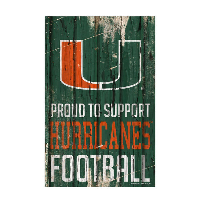 Letrero de madera de 11 x 17 de los Miami Hurricanes Orgulloso de apoyar el diseño