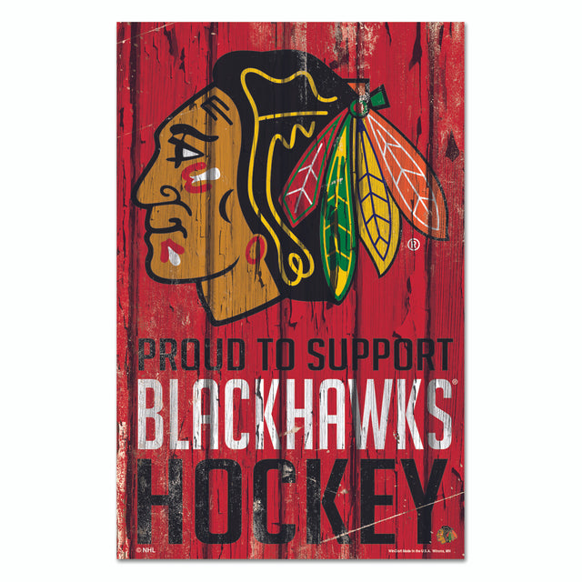 Cartel de madera de 11 x 17 de los Chicago Blackhawks. Orgullosos de apoyar el diseño