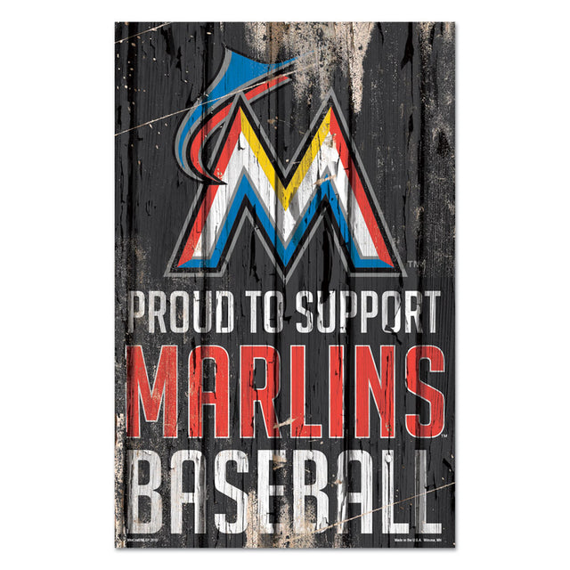 Letrero de madera de los Miami Marlins de 11 x 17 pulgadas Orgulloso de apoyar el diseño