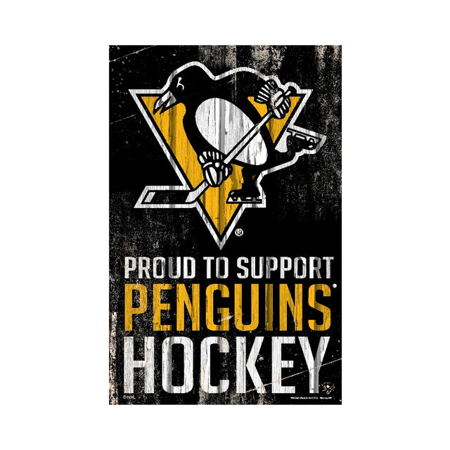 Letrero de madera de 11 x 17 de los Pittsburgh Penguins. Orgullosos de apoyar el diseño