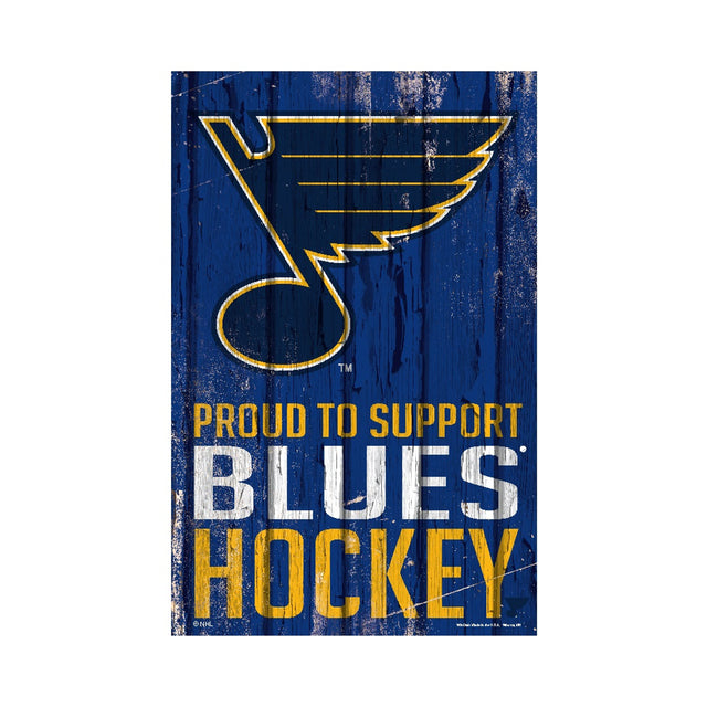 Letrero de madera de 11 x 17 de St. Louis Blues con el mensaje "Orgulloso de apoyar el diseño"