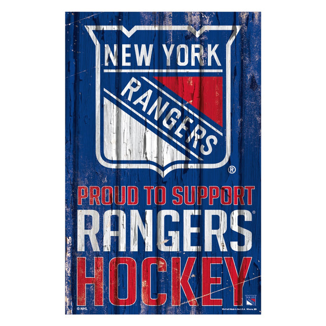 Cartel de madera de 11 x 17 de los New York Rangers que muestra su orgullo por apoyar el diseño