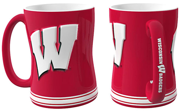 Taza de café de Wisconsin Badgers de 14 oz con el color del equipo de relevo esculpido