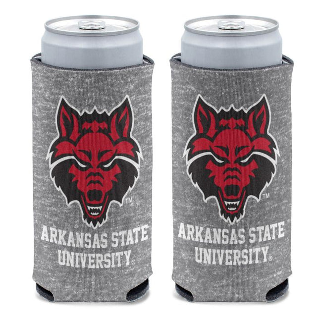 Enfriador de latas delgado de 12 oz con diseño de lobos rojos del estado de Arkansas en color gris jaspeado