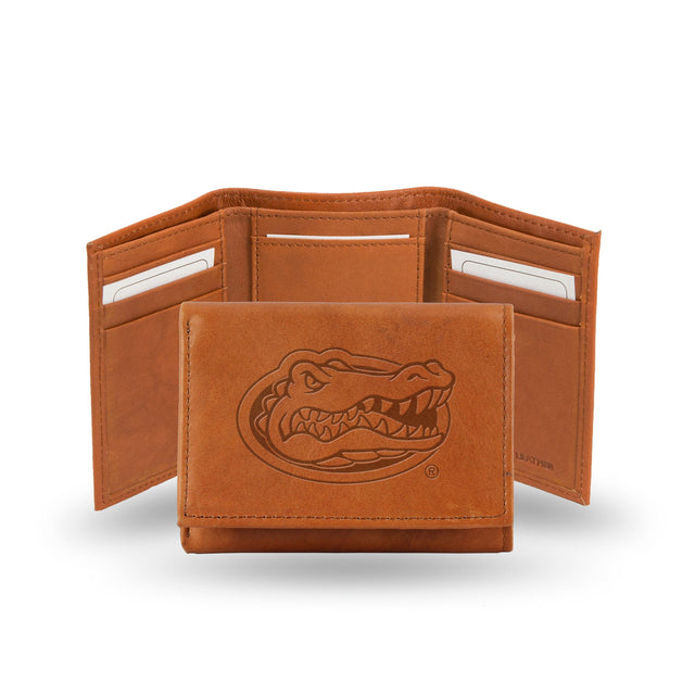 Cartera Florida Gators con relieve en tres partes, piel de vaca alternativa de nuez