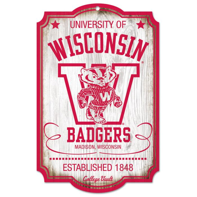 Letrero de madera de Wisconsin Badgers / Bóveda universitaria antigua de 11" x 17" y 1/4" de grosor