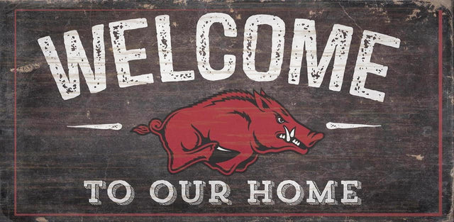 Letrero de madera de 6 x 12 de Arkansas Razorbacks con el texto "Bienvenidos a nuestro diseño de hogar"