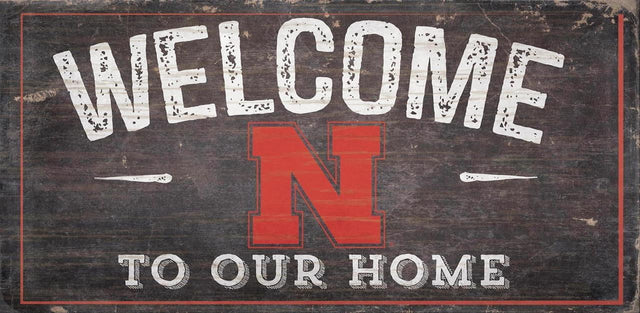 Letrero de madera de 6 x 12 de los Nebraska Cornhuskers con diseño de bienvenida a nuestro hogar