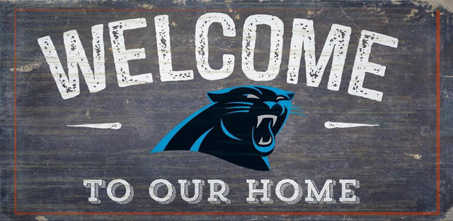 Letrero de madera de los Carolina Panthers de 6 x 12 pulgadas con el texto "Bienvenidos a nuestro diseño para el hogar"